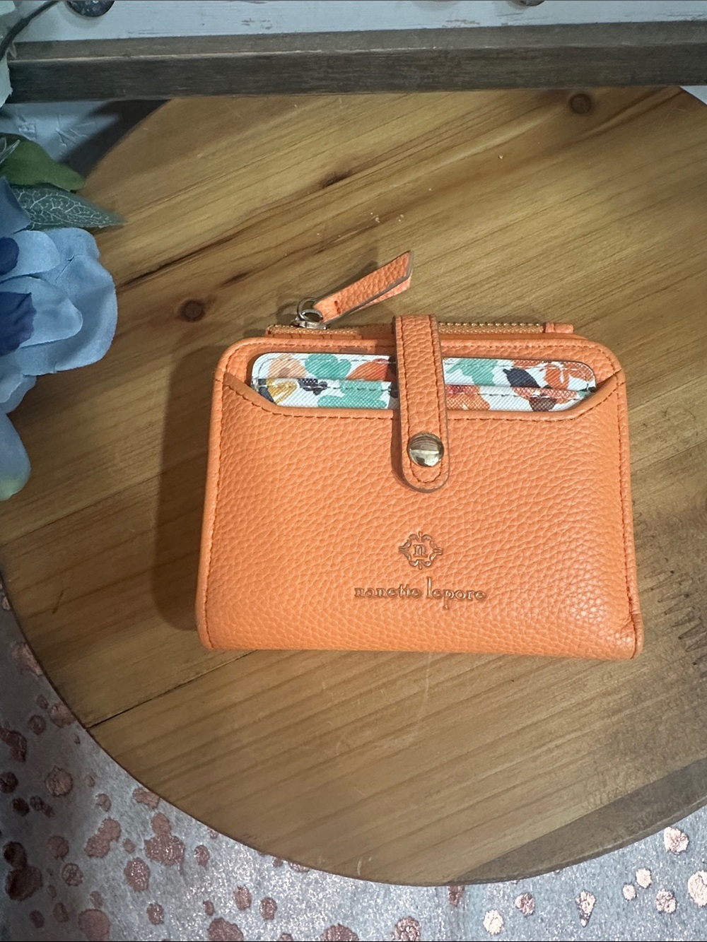 Nanette Lepore Orange Pebbled Leather Snap Wallet with Patterned Card Slot